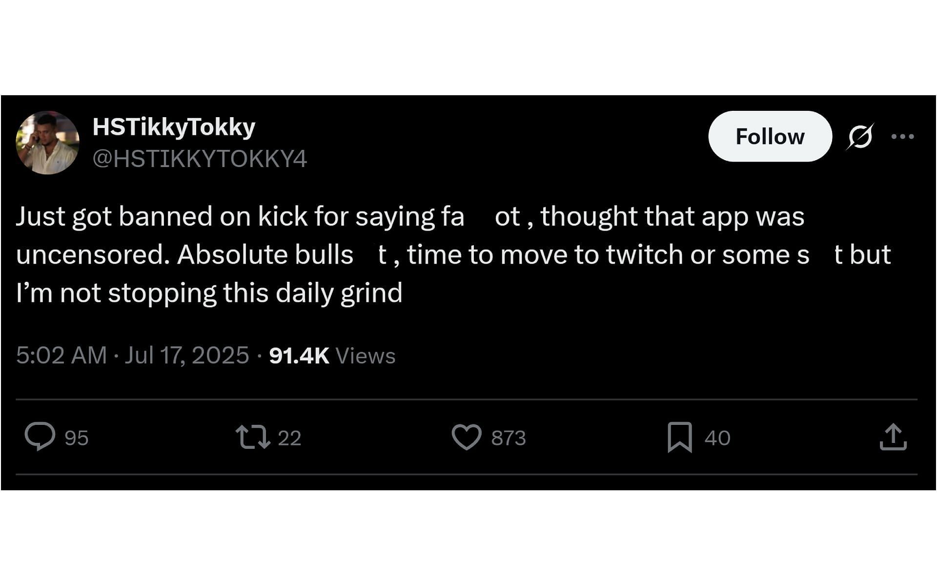 Streamer's X post, dated July 17, 2025, in which he explained why he got banned from Kick (Image via x.com/HSTIKKYTOKKY4)